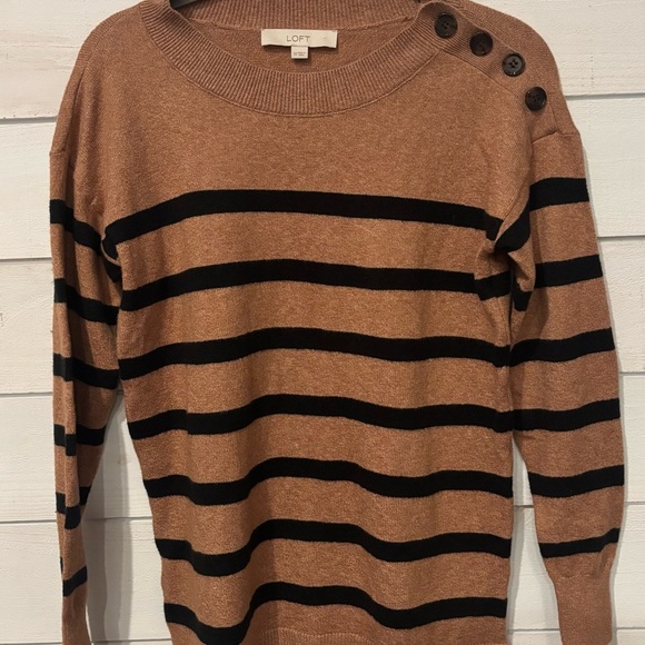 LOFT Camel/Tan and Black Striped Crew Neck Sweater with Button details . - Picture 8 of 13